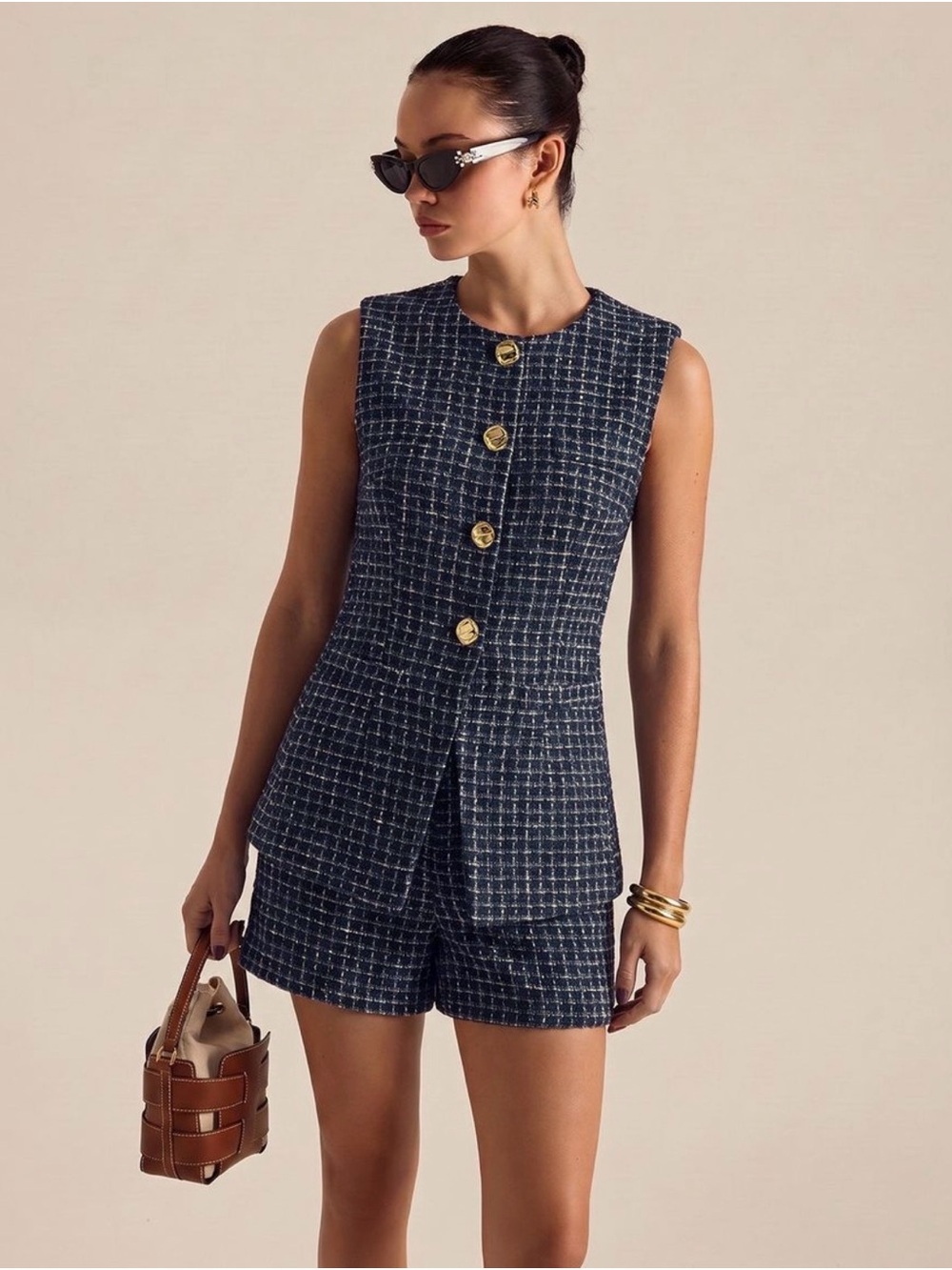Commense Navy Tweed Vest & Shorts Set with Gold Buttons